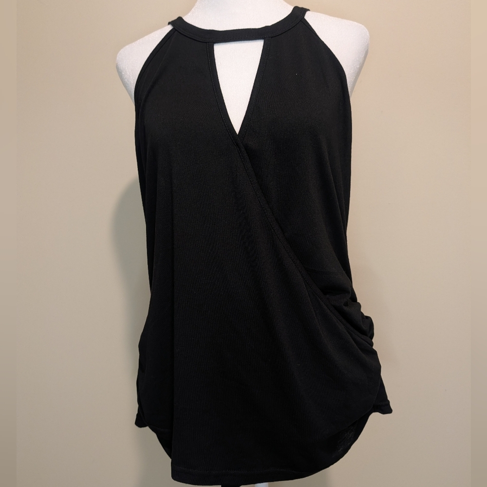 Black Sleeveless Wrap Top With Deep V Keyhole Neckline